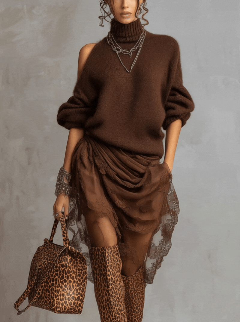 24-Hour-Shipping Chocolate Knit Off Shoulder Tulle Long Sleeve Midi Dress