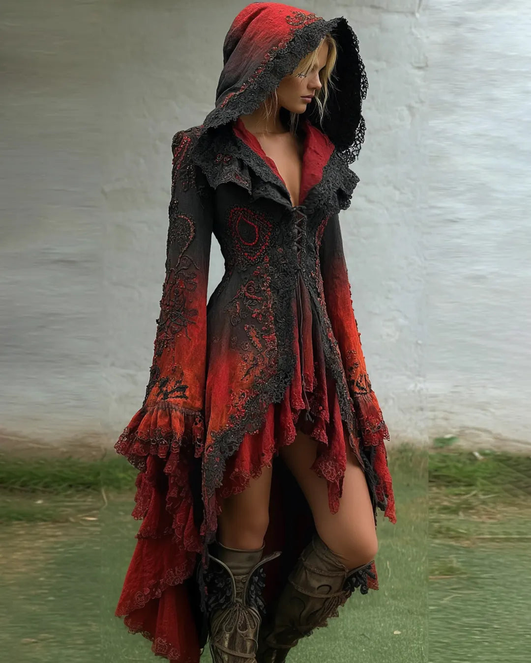 Halloween Irregular Gradient Lace Patchwork Hooded Evening Dress b02a