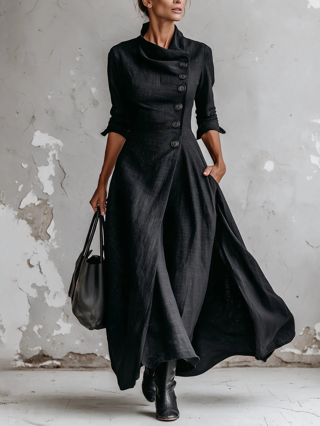 Elegant Black High Neck Button Front Maxi Dress with Pockets - Relaxed Long Sleeve A-Line Dress