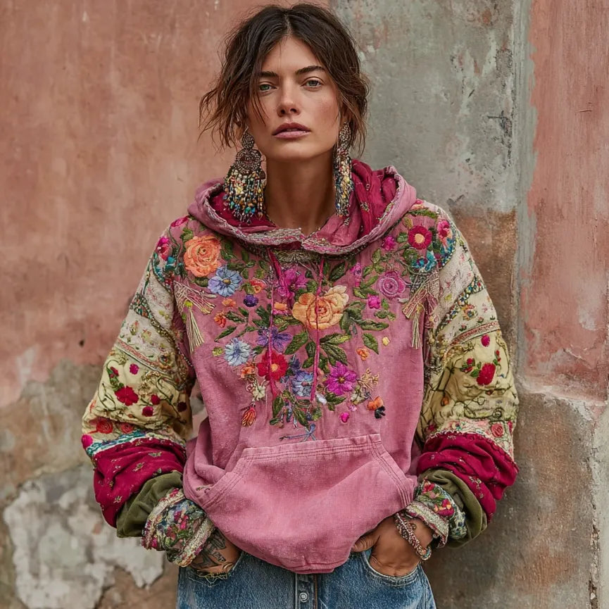 Women's Vintage Bohemian Floral Embroidery Patchwork Art Casual Hoodie