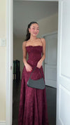 burgundy-jacquard-lace-up-gown-strapless-fit-and-flare-maxi-dress
