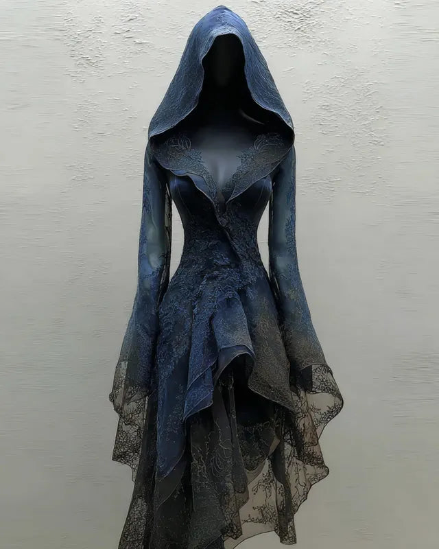 Halloween Irregular Ruffle Lace Patchwork Hooded Evening Dress 25b4