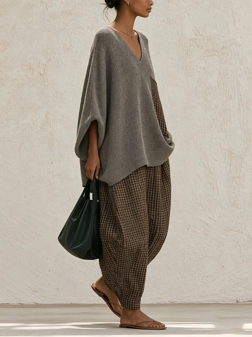 Waffle Textured V‐Neck Top & Plaid Harem Pants Two‐Piece Set