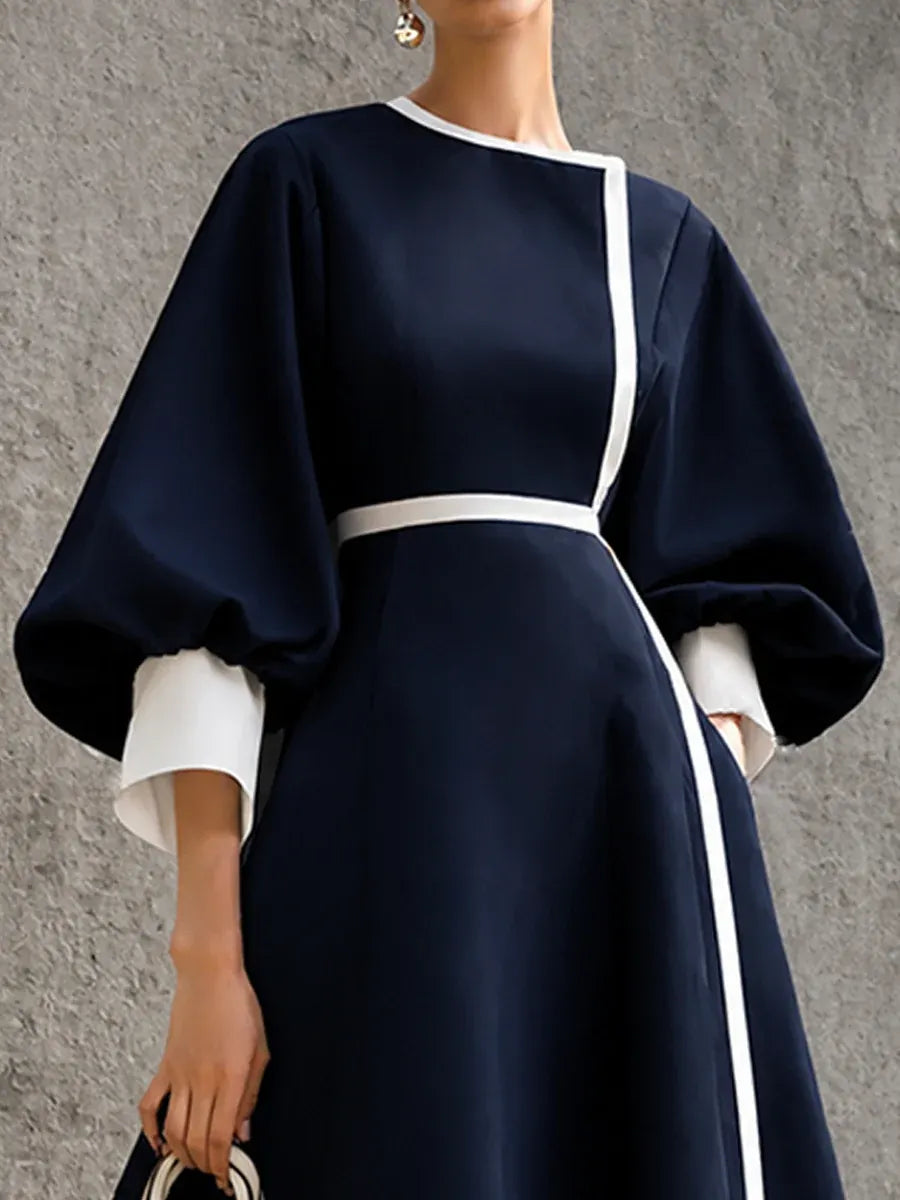 Navy Blue Cinched Waist A‐Line Elegant Midi Dress