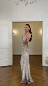 champagne-gold-sequin-column-gown-leaf-trim-cowl-neck-maxi-dress