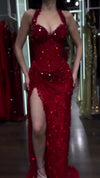 deep-red-sequin-halter-gown-feather-trim-slit-corset-maxi-dress