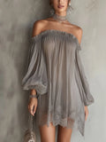 Gray Off-Shoulder Chiffon Mini Dress With Lace Hem