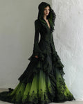 Halloween Gradient Irregular Ruffle Lace Hooded Linen Evening Dress 8b1c