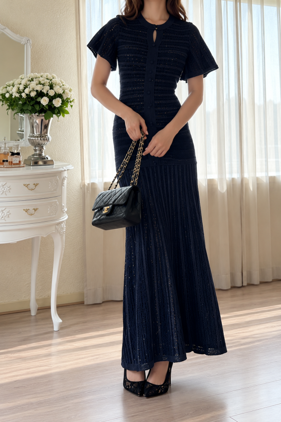navy-pinstripe-sequin-short-sleeve-midi-dress-button-front-pleated-hem