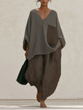 Waffle Textured V‐Neck Top & Plaid Harem Pants Two‐Piece Set