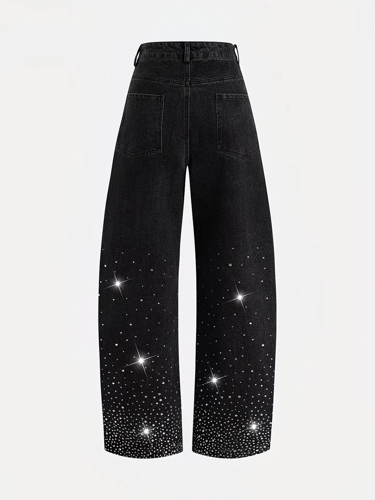 Western Outfits — Midnight Black Hotfix Rhinestone Shooting Star Pattern Premium Stretch Denim Long Pants