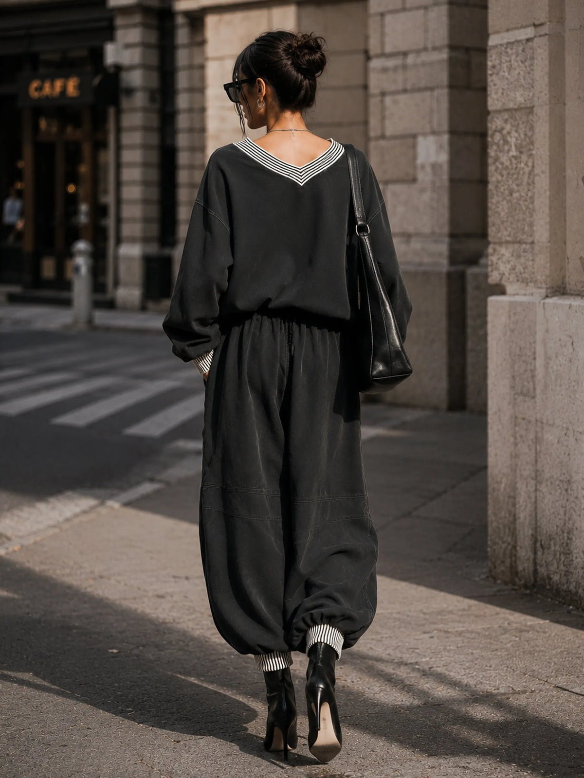 Oversized Contrast Trim V Neck Sweatshirt And Utility Jogger Set