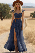 Boho Lace Dress Navy Short Sleeve High Slit Maxi Dress