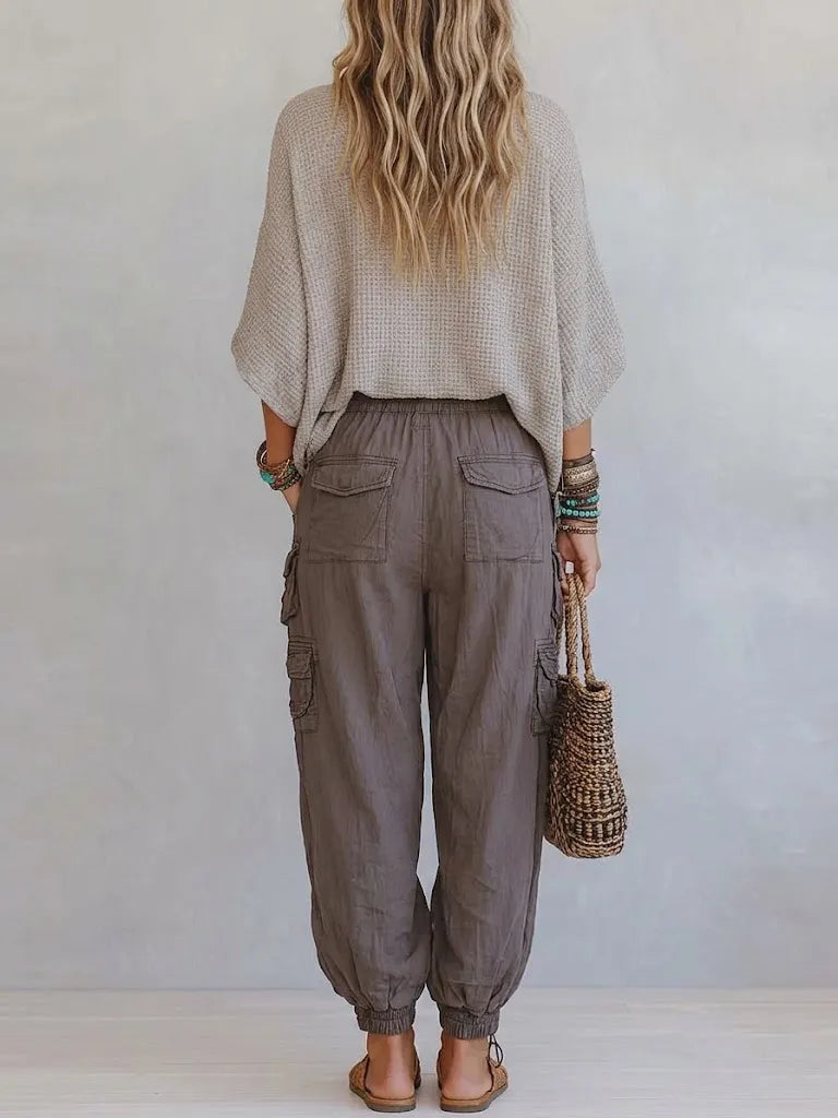 Casual & Cozy Two-piece Set: Waffle-knit Cotton Top And Cotton Cargo Pants