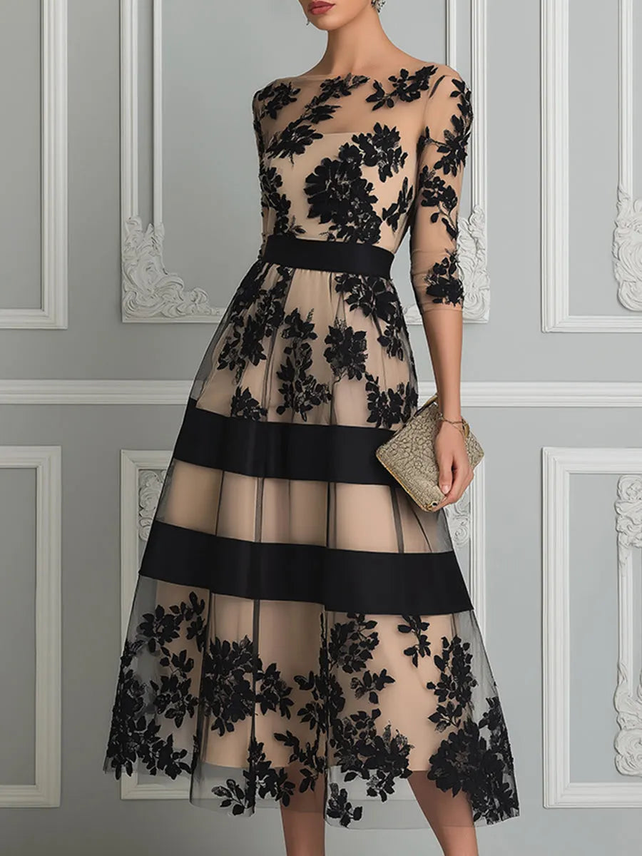 Floral Lace Illusion A-Line Midi Dress