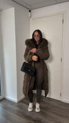 chocolate-brown-long-puffer-coat-faux-fur-hood-belted-maxi-coat