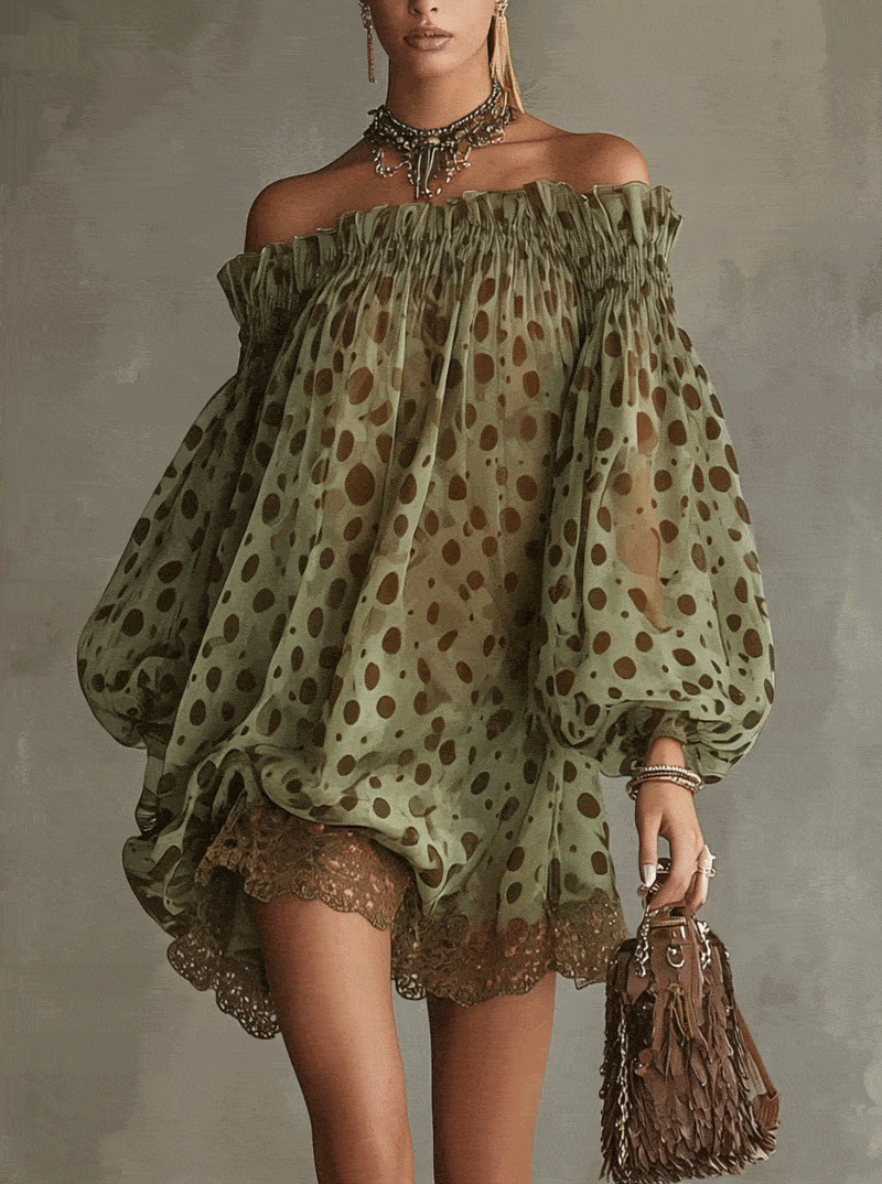 Olive Polka Dot Off-Shoulder Sheer Balloon-Sleeve Lace Hem Mini Dress