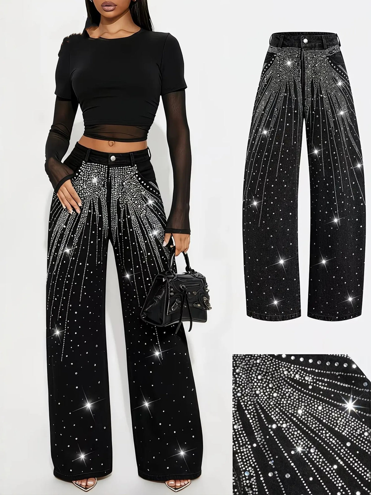 Western Outfits — Midnight Black Hotfix Rhinestone Shooting Star Pattern Premium Stretch Denim Long Pants