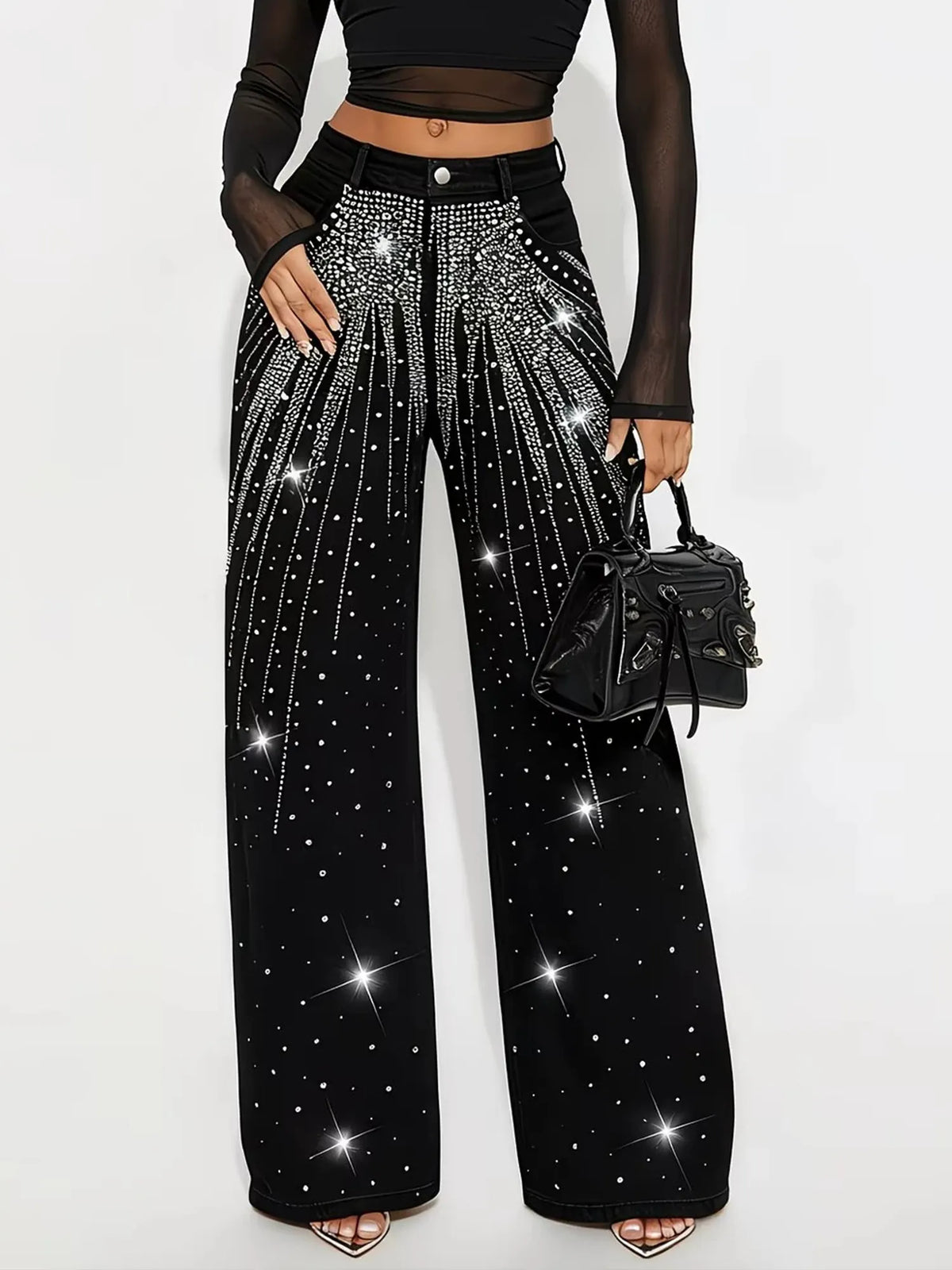 Western Outfits — Midnight Black Hotfix Rhinestone Shooting Star Pattern Premium Stretch Denim Long Pants