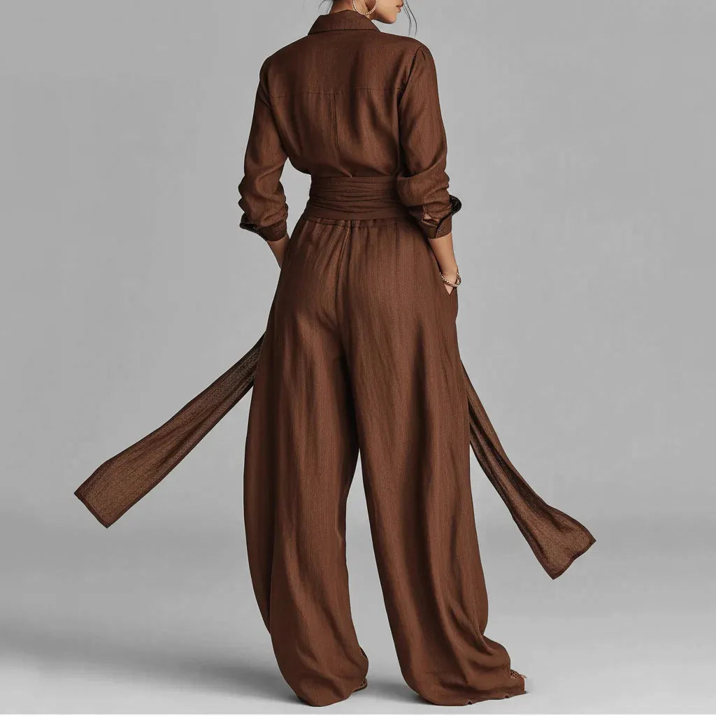 Women's Elegant Shirt Collar Long Sleeve Blouse & Slant Pocket Wide Leg Pants 2Pcs Set