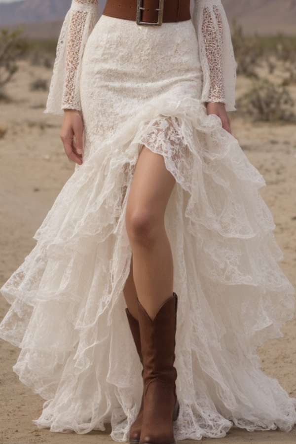 Bohemian Tiered Lace Dress White V Neck Belted Maxi Dress