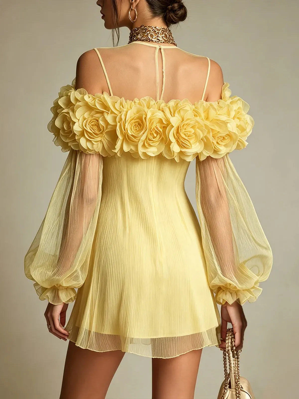 Yellow 3D Floral Pleated Chiffon Mini Dress