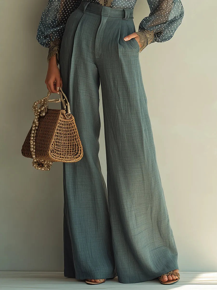 Retro Polka-Dot Blouse With Lace Trim & Cotton-Linen Pants Set