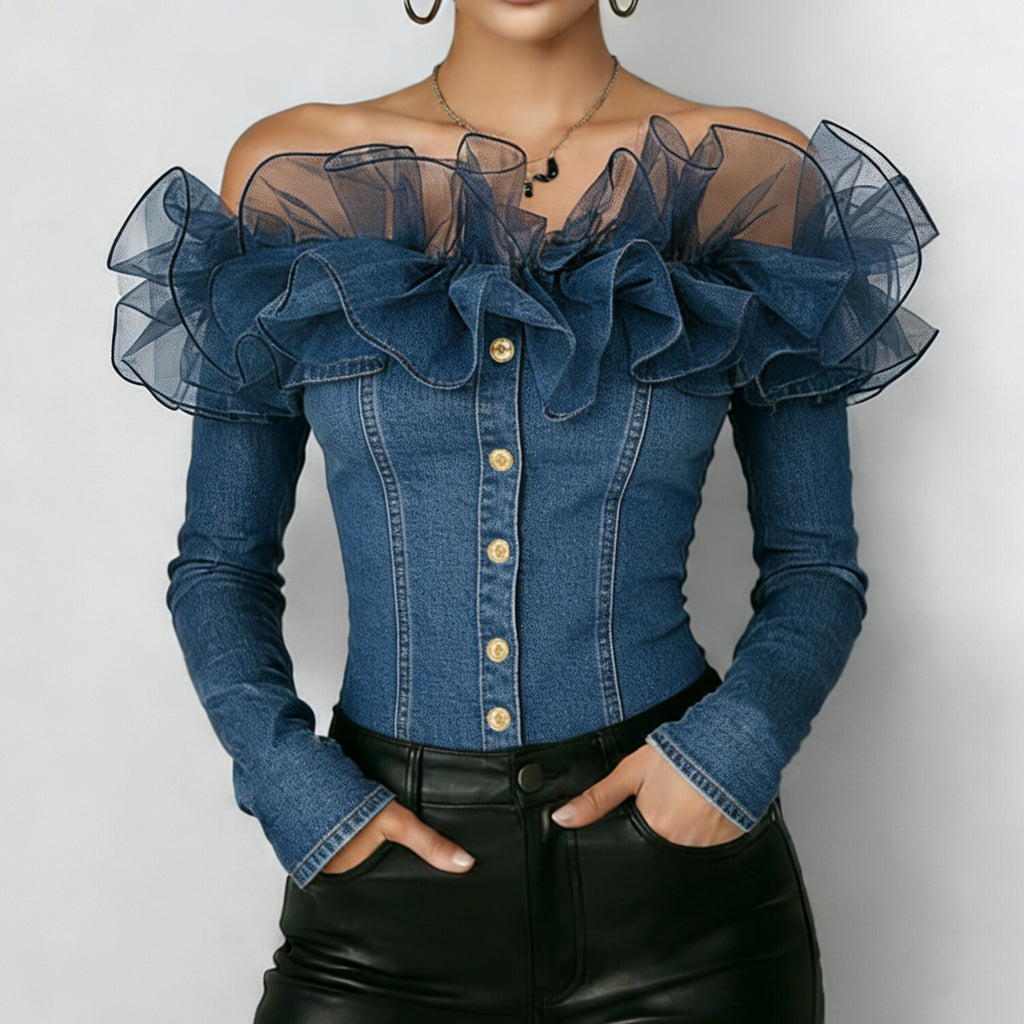 Women's Denim Patchwork Mesh Off Shoulder Button Decor Long Sleeve Blouse