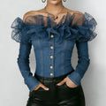 Women's Denim Patchwork Mesh Off Shoulder Button Decor Long Sleeve Blouse
