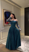 teal-blue-lace-off-shoulder-gown-sheer-sleeve-corset-maxi-dress