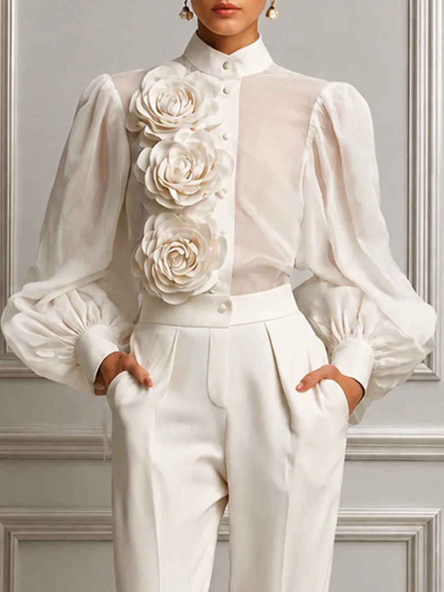 3D Rose Applique Blouse & High Waist Crepe Trousers Two-Piece Set