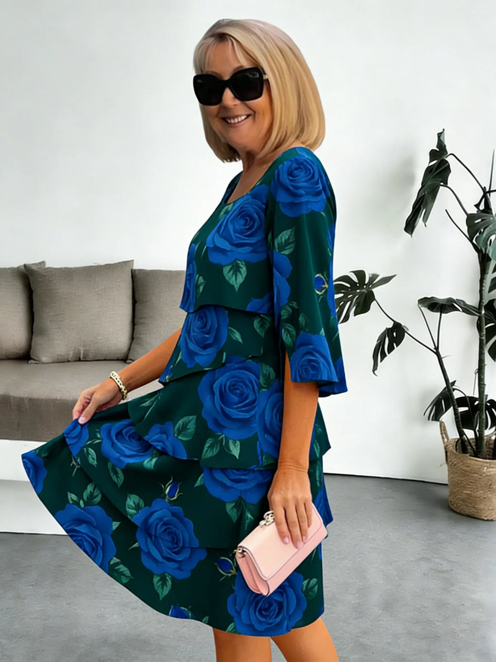 Chiffon Vacation Prints Color Round Neck Cake Skirt Splicing Dress Mid-length