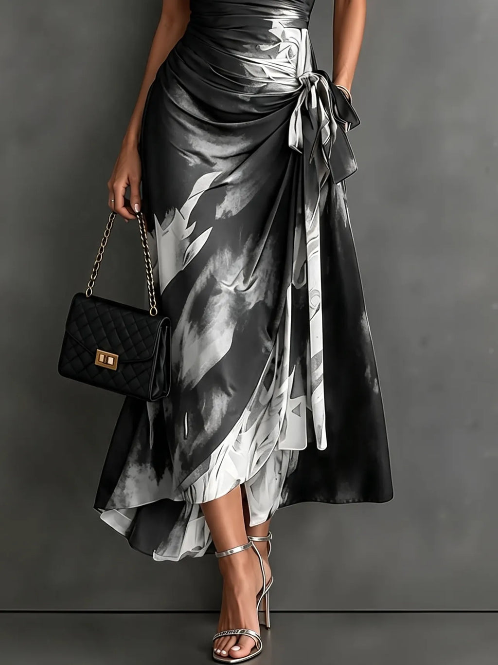 Red Black Abstract Print Wrap Midi Dress Collared V Neck Short Sleeve Tie Waist Ruffled High‐Low Hem Dress