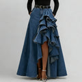 Women's Ruffle Trim Asymmetric Hem Denim Maxi Skirt
