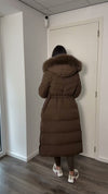 chocolate-brown-long-puffer-coat-faux-fur-hood-belted-maxi-coat