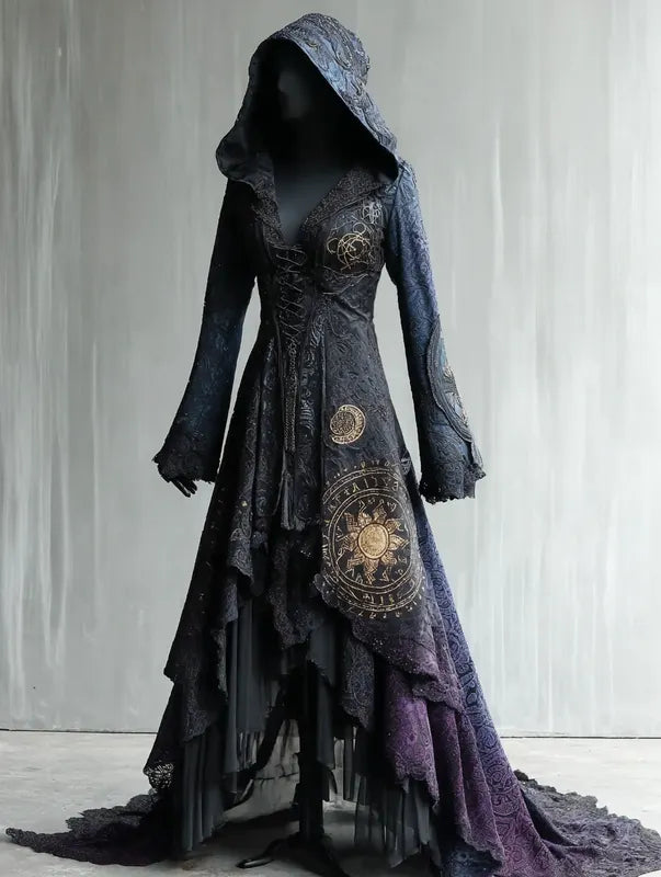Halloween Gradient Magic Circle Embroidered Hooded Evening Dress ebaa
