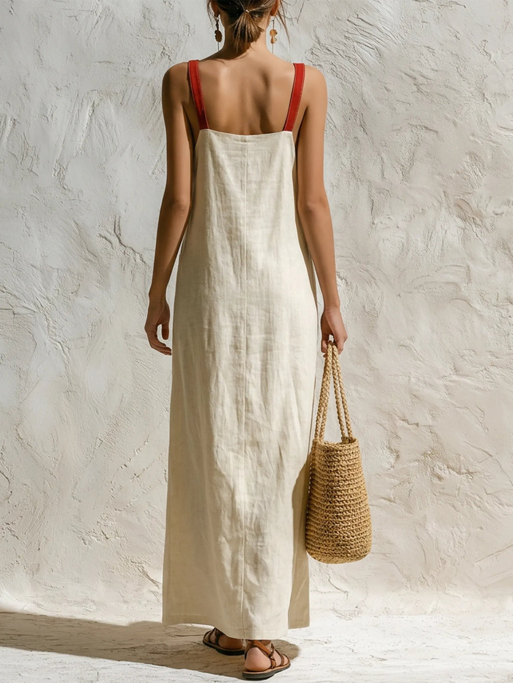 Vertical Stripe Sleeveless Linen-Blend Maxi Dress