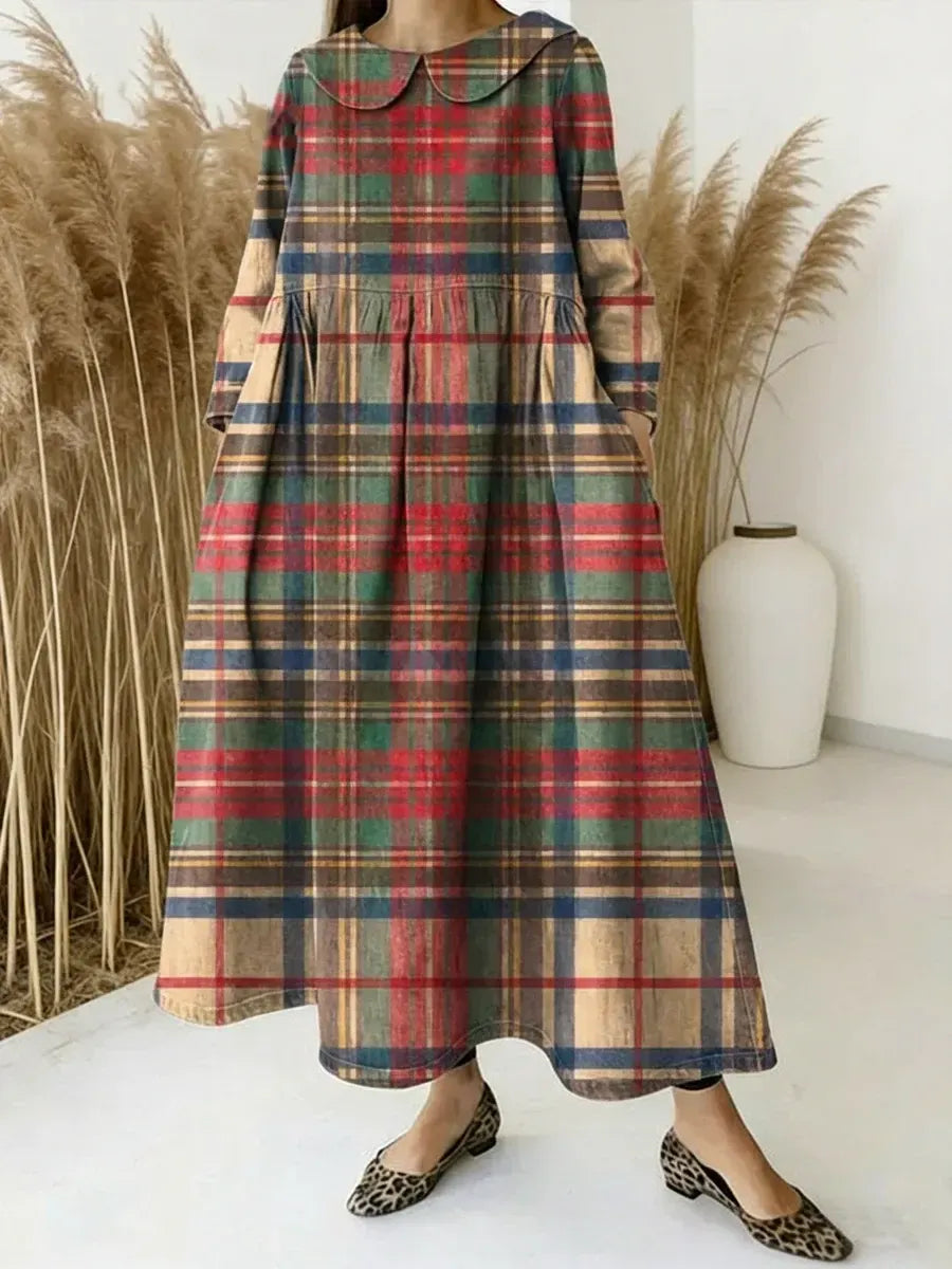 Women's Retro Multicolor Plaid Totem Splicing Long-sleeved Loose-fitting Casual Denim Dress