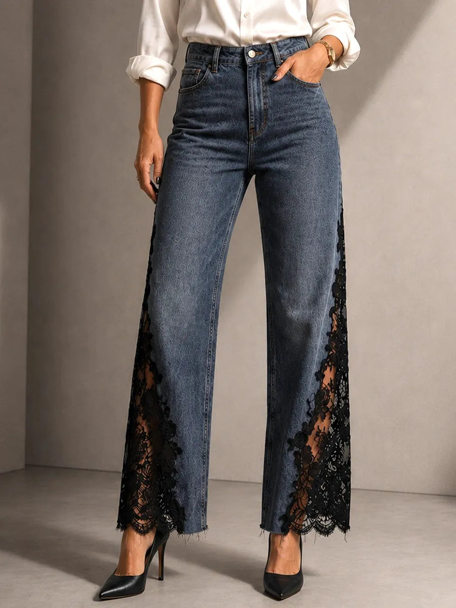 Elegant Lace Panel Wide Leg Denim Jeans For Women - High Waist Vintage Wash Jeans