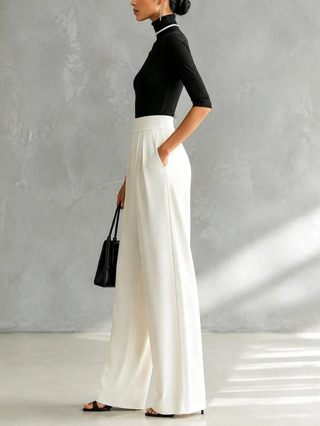 White Trim High-neck Mid-sleeved Black Top With White Wide-leg Pants Set