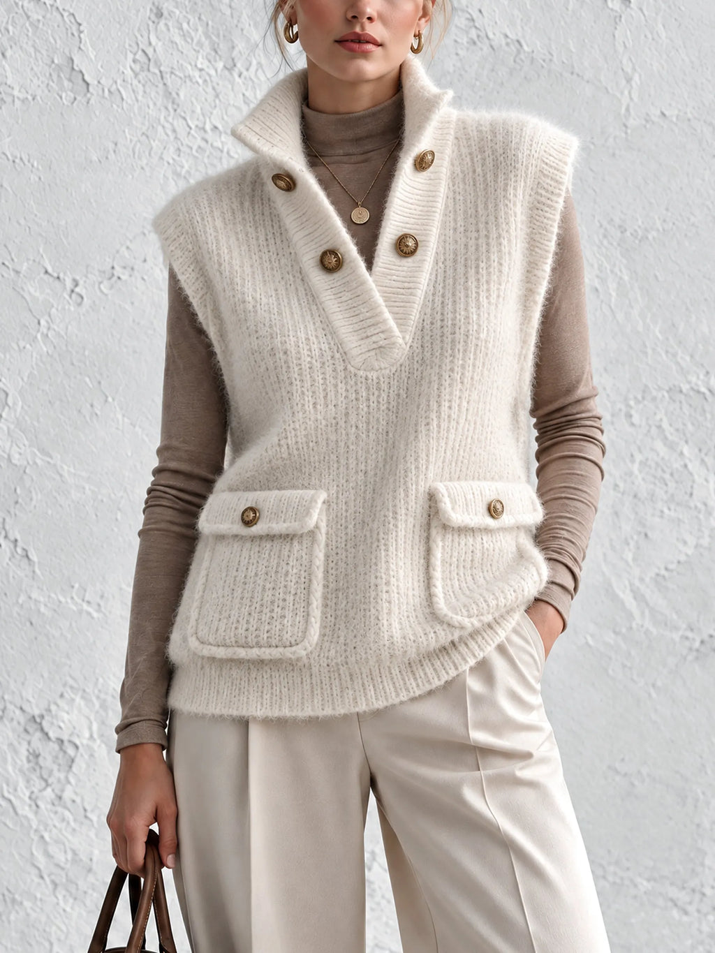 Women's Soft Knit Sweater Vest With Shawl Collar & Utility Pockets