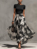 Black Chiffon Abstract Plaid Print Skirt And T-Shirt Set