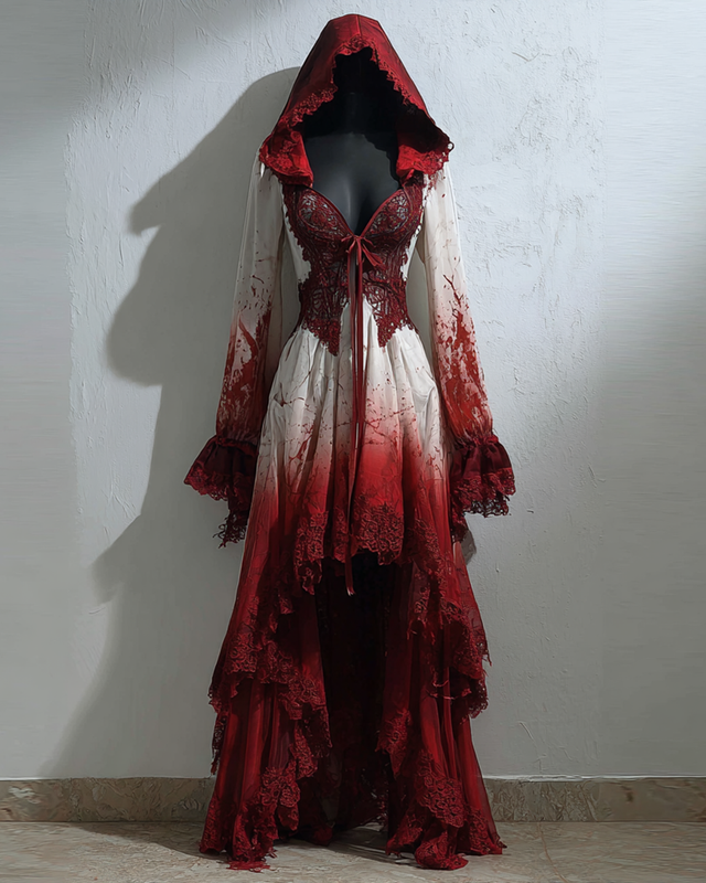 Halloween Irregular Gradient Lace Patchwork Hooded Evening Dress 9911