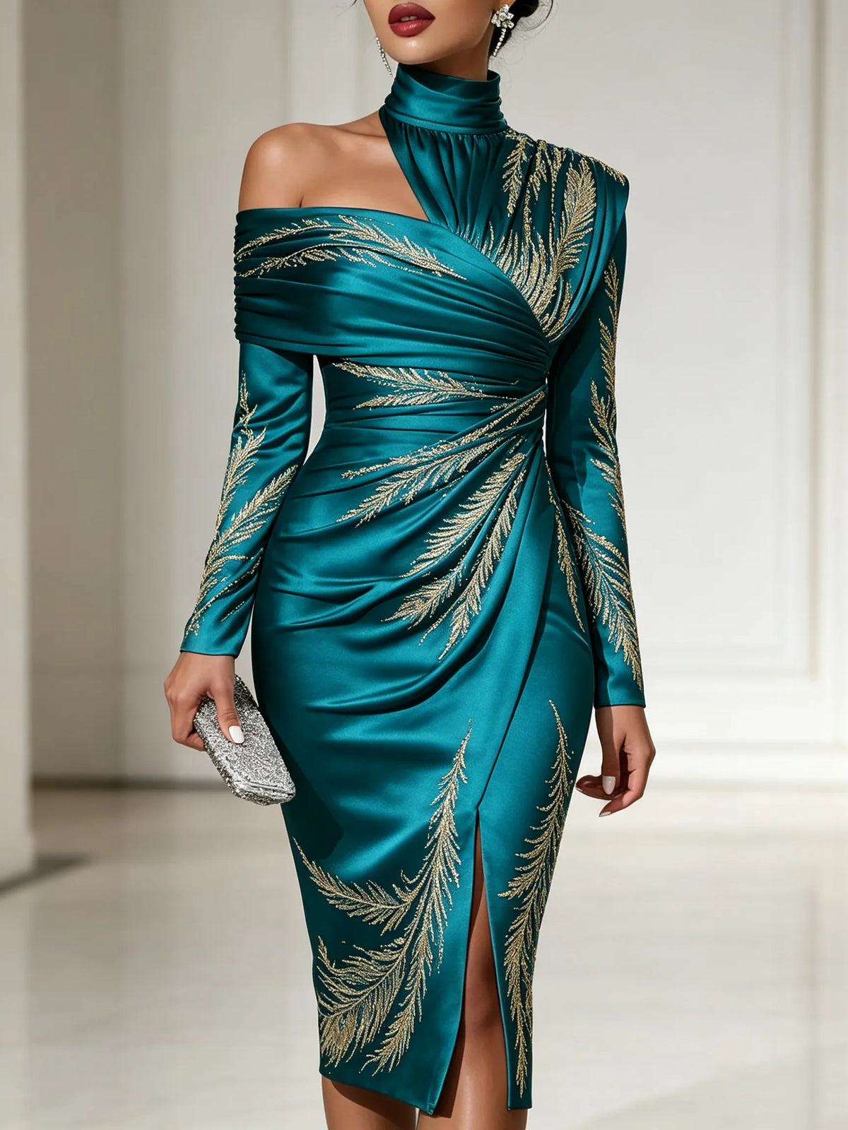 Women Long Sleeve Asymmetric Draped Ruched Slit Midi Bodycon Evening Dress