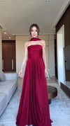 burgundy-strapless-gown-scarf-neck-ruched-bodice-maxi-dress