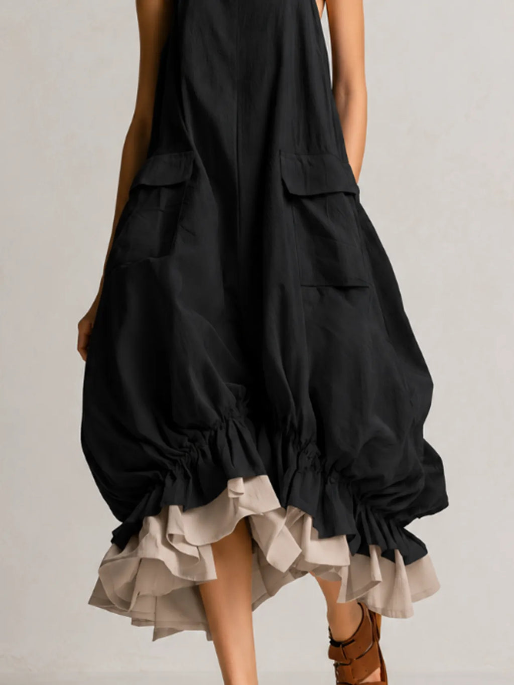 Black Sleeveless Big Pockets Layered Ruffle Hem Bubble Midi Dress
