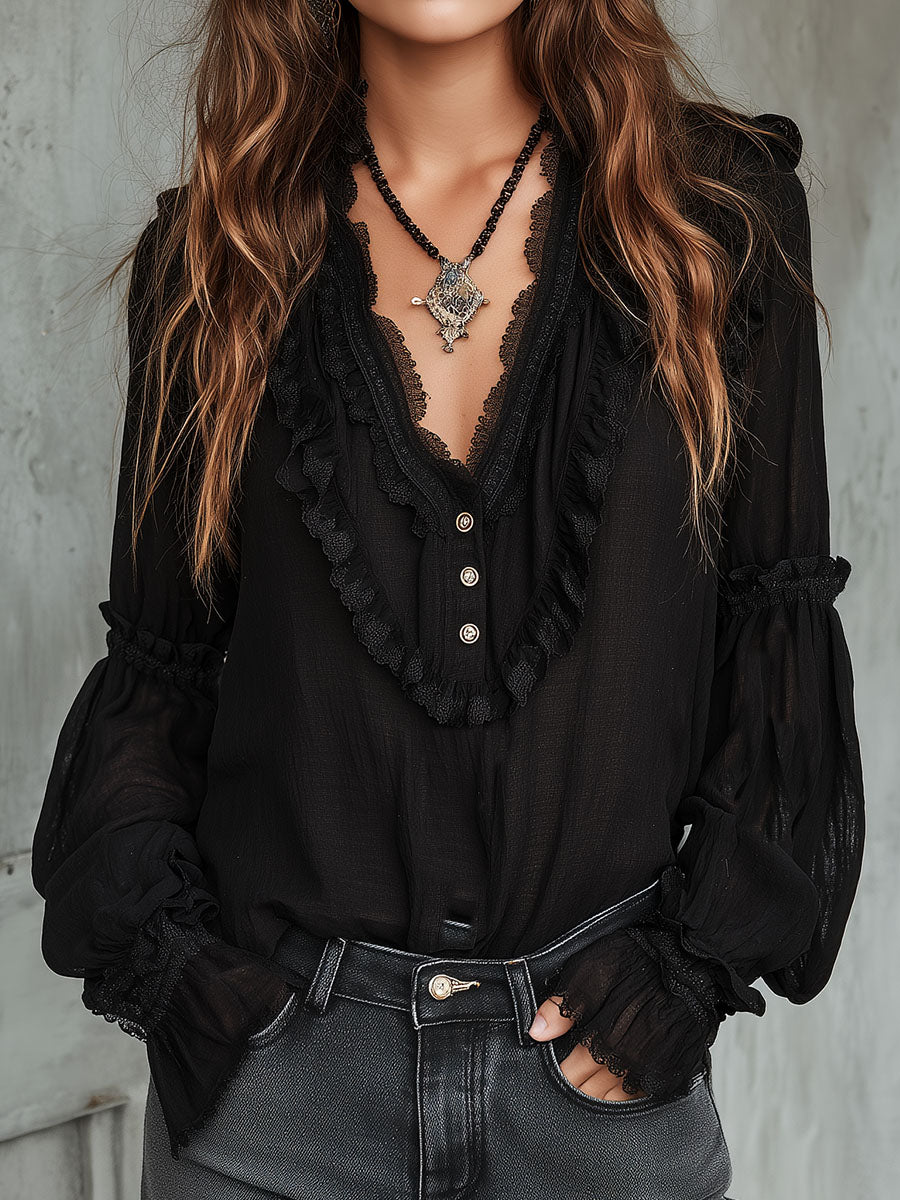 Vintage Black Ruffle Long Sleeve Blouse With Lace Trim