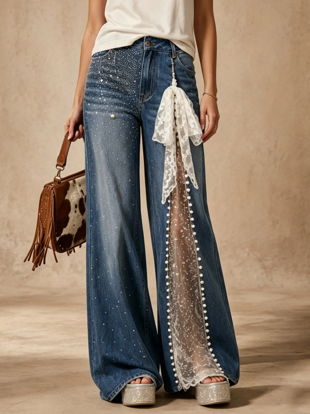 Perfect For A Chic Western Date Night — Vintage Blue Hollow-Out Lace Trim Rhinestone Denim Blend Women'S Flared Jeans (Includes Lace Belt)