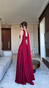 burgundy-strapless-gown-scarf-neck-ruched-bodice-maxi-dress
