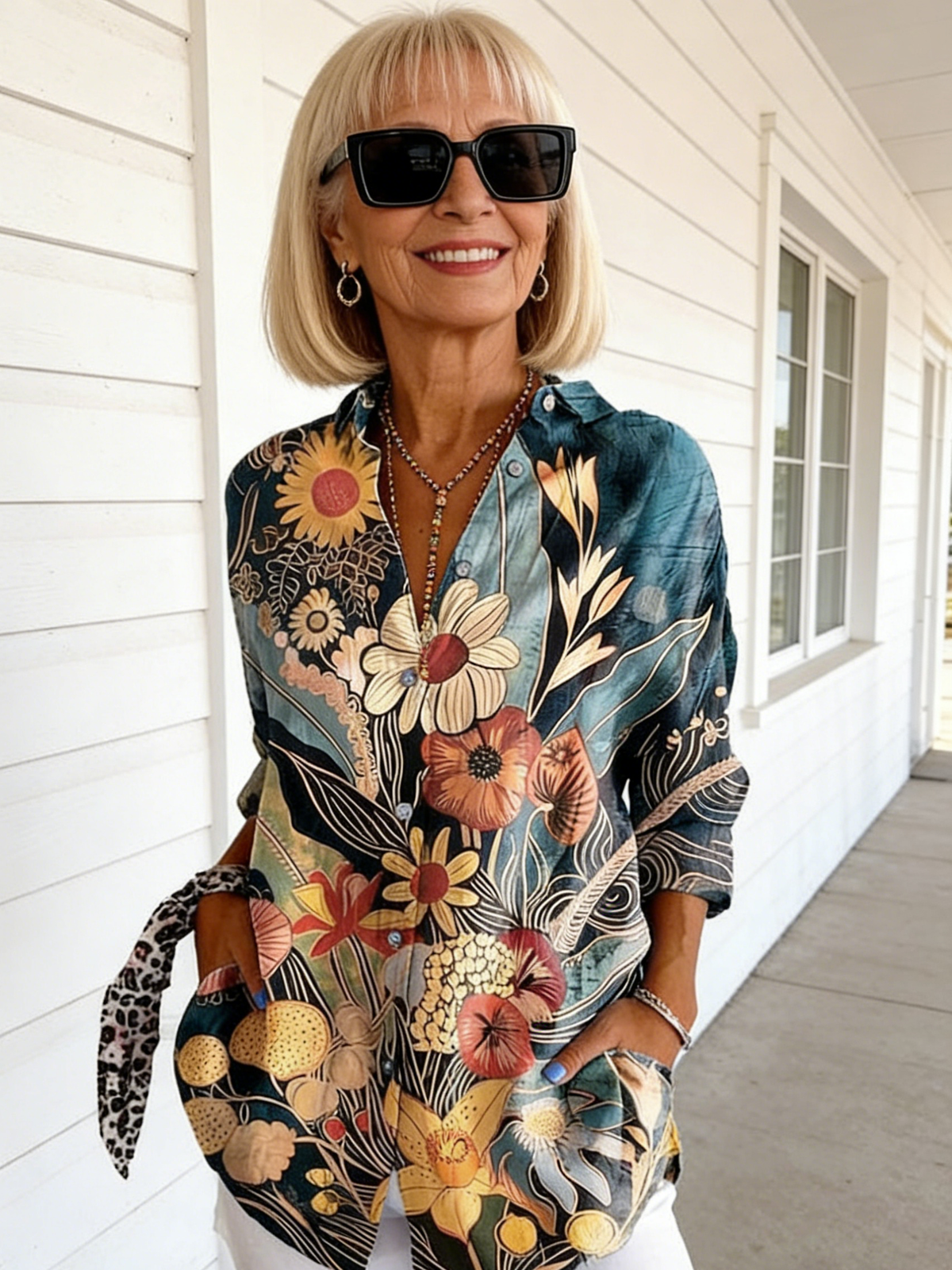 3D Color Matching Print Pattern Casual Loose Shirt Women's Button Top